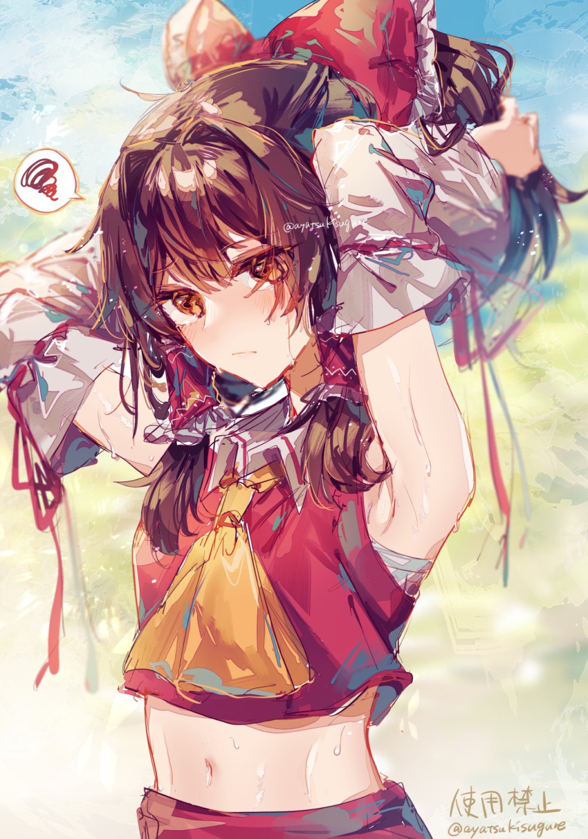 1girl ascot ayatsuki_sugure bare_shoulders blush bow brown_eyes brown_hair closed_mouth detached_sleeves hair_between_eyes hair_bow hakurei_reimu highres japanese_clothes long_hair navel nontraditional_miko red_bow ribbon-trimmed_sleeves ribbon_trim solo spoken_squiggle squiggle sweat touhou twitter_username upper_body white_sleeves wide_sleeves yellow_ascot