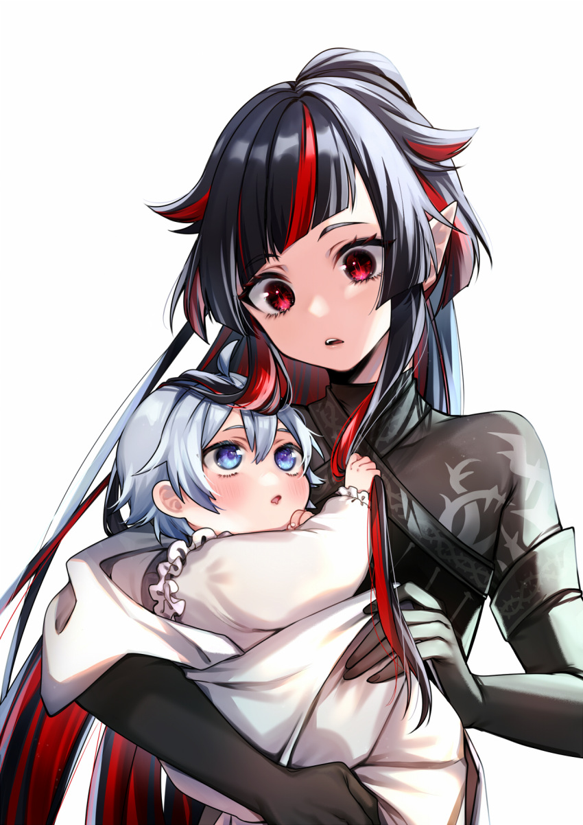 2boys :o baby black_gloves black_hair blue_eyes blunt_bangs blunt_ends blush chest_protector drooling fang gloves grey_hair hair_between_eyes hair_horns highres holding_another's_hair holding_baby lilia_vanrouge long_hair long_sleeves male_focus mouth_drool multicolored_hair multiple_boys open_mouth pointy_ears ponytail red_eyes red_hair short_hair sidelocks silver_(twisted_wonderland) simple_background streaked_hair thorn_print tobidayooon twisted_wonderland two-tone_hair very_long_hair white_background