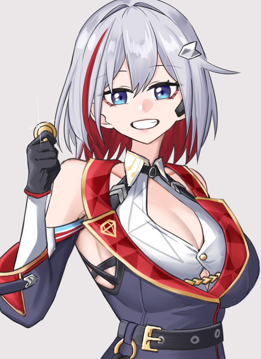 1girl absurdres aji_(p391) bare_shoulders belt black_belt blue_eyes breasts cleavage cleavage_cutout clothing_cutout coin colored_inner_hair commentary grey_background grey_hair hair_ornament hand_up highres holding holding_coin honkai:_star_rail honkai_(series) large_breasts long_sleeves looking_at_viewer multicolored_hair red_hair short_hair simple_background solo streaked_hair topaz_(honkai:_star_rail) upper_body