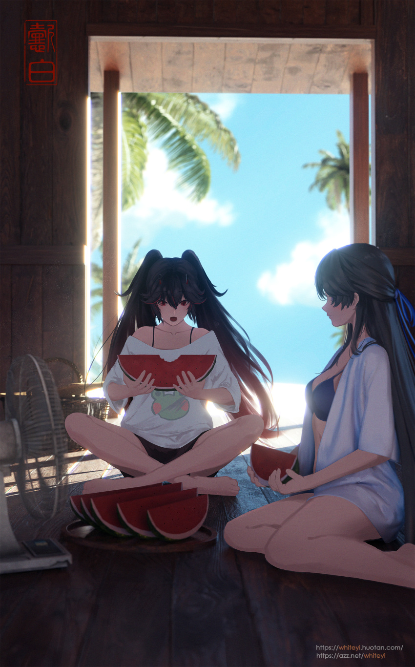 2girls absurdres black_hair black_shorts blue_bow blue_bra bow bra breasts crossed_legs food fruit hair_between_eyes hair_bow highres holding holding_food long_hair lucia:_plume_(punishing:_gray_raven) lucia_(punishing:_gray_raven) multiple_girls open_clothes open_mouth open_shirt punishing:_gray_raven red_eyes selena_(punishing:_gray_raven) shirt shorts sidelocks sitting small_breasts twintails underwear very_long_hair watermelon watermelon_slice white_shirt yibai