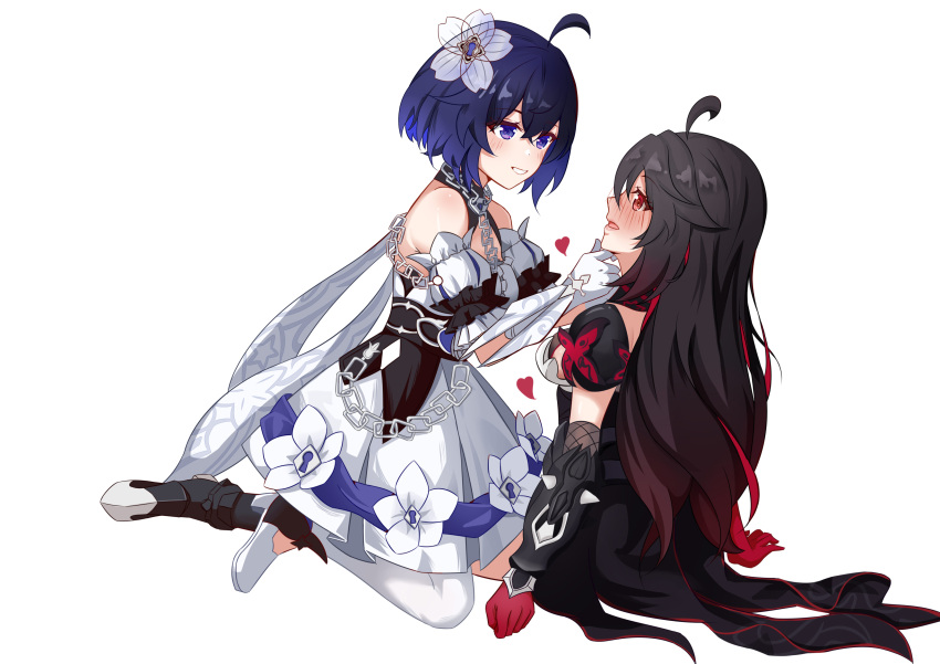 2girls :d absurdres ahoge bare_shoulders black_dress blush bob_cut boots bu_weizhuang dress flower full_body gloves grin hair_flower hair_ornament hand_on_another's_chin heart highres honkai_(series) honkai_impact_3rd long_hair multiple_girls open_mouth red_gloves seele_(alter_ego) seele_vollerei seele_vollerei_(starchasm_nyx) seele_vollerei_(stygian_nymph) selfcest simple_background smile teeth thigh_boots thighhighs white_background white_dress white_flower white_gloves white_thighhighs yuri