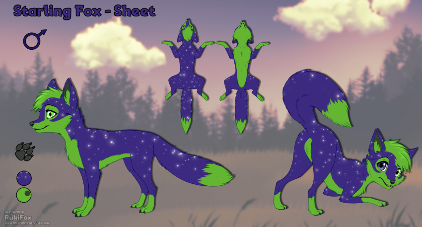 ambiguous_gender blue_body canid canine dipstick_tail featureless_crotch feral fox green_eyes hi_res mammal markings model_sheet raised_tail rukifox solo starling_fox tail tail_markings