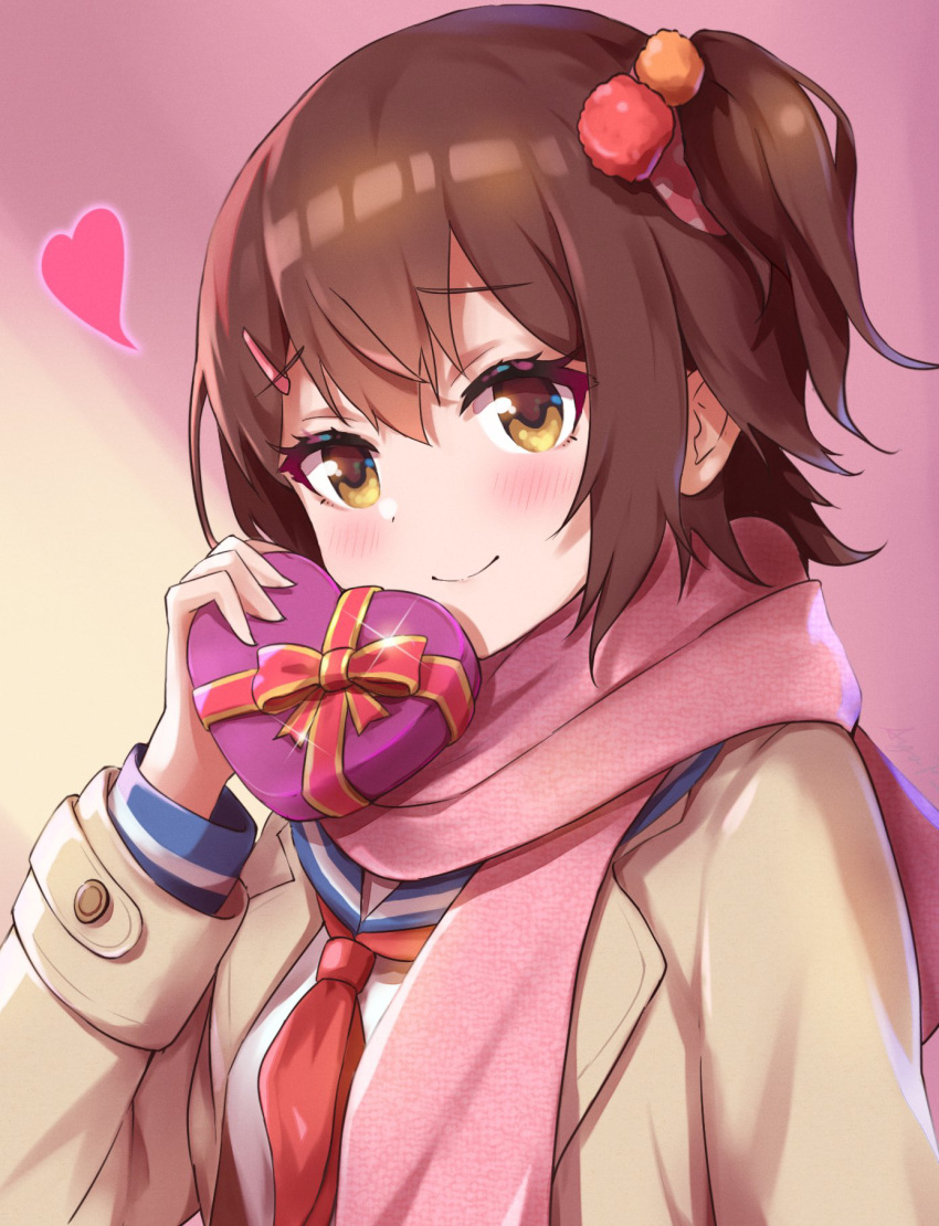 1girl blush box brown_coat brown_eyes brown_hair closed_mouth coat gift hair_ornament hairclip heart heart-shaped_box highres holding holding_gift idolmaster idolmaster_million_live! kasuga_mirai koaya long_sleeves looking_at_viewer neckerchief one_side_up pink_scarf pom_pom_(clothes) pom_pom_hair_ornament red_neckerchief scarf school_uniform serafuku short_hair smile solo upper_body valentine