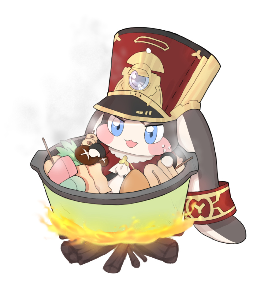 1other :3 :o blue_eyes blush_stickers campfire commentary_request cooking cooking_pot fire food hat highres honkai:_star_rail honkai_(series) mushroom nabe no_humans oden panicking peaked_cap pom-pom_(honkai:_star_rail) rabbit simple_background sweat sweating_profusely top_hat v-shaped_eyebrows wood yosik