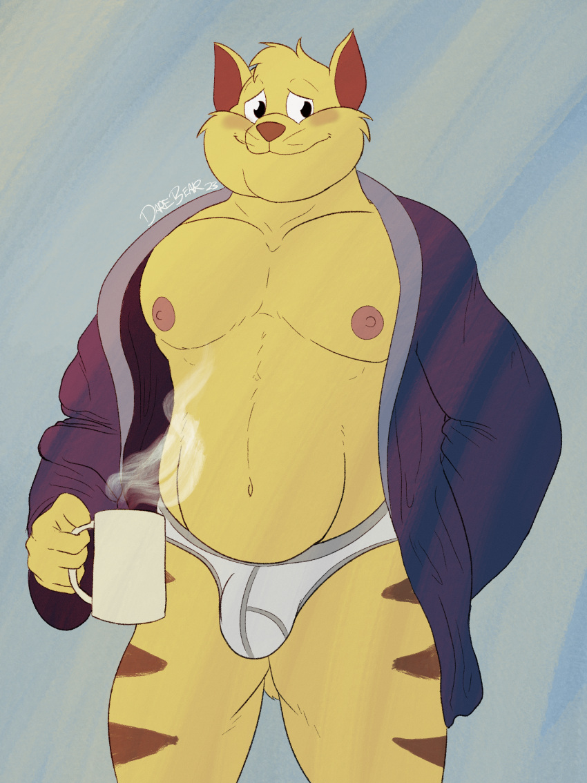 2023 absurd_res anthro black_eyes blue_clothing blue_robe blush briefs brown_nose bulge chance_furlong clothing coffee_mug darebearart digital_media_(artwork) domestic_cat felid feline felis fur hanna-barbera hi_res holding_mug holding_object male mammal mug muscular nipples pecs pink_nipples robe simple_background solo steam swat_kats tighty_whities underwear white_briefs white_clothing white_underwear yellow_body yellow_fur