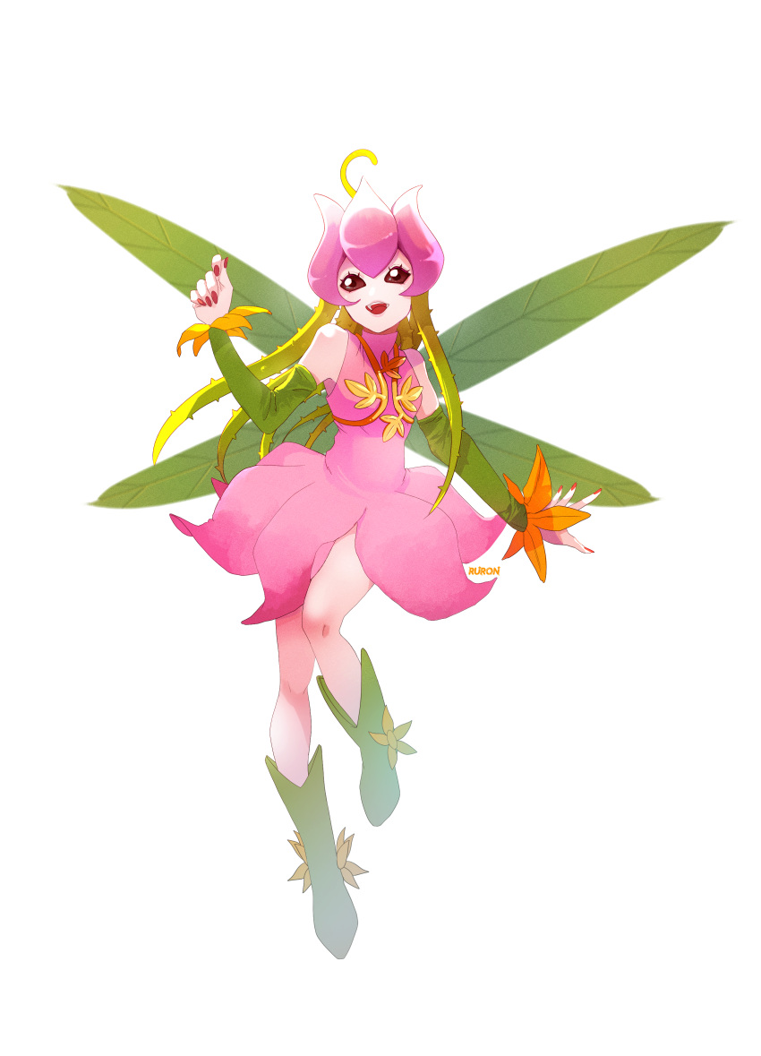 1girl absurdres artist_name bare_shoulders boots commentary detached_sleeves digimon digimon_(creature) dress flower_hat full_body green_footwear green_hair green_sleeves green_wings hand_up hat highres leaf_wings leg_up lilimon long_hair looking_at_viewer nail_polish open_mouth pink_dress pink_headwear plant red_nails ruron_(ruron_art) simple_background sleeveless sleeveless_dress smile solo vines white_background wings