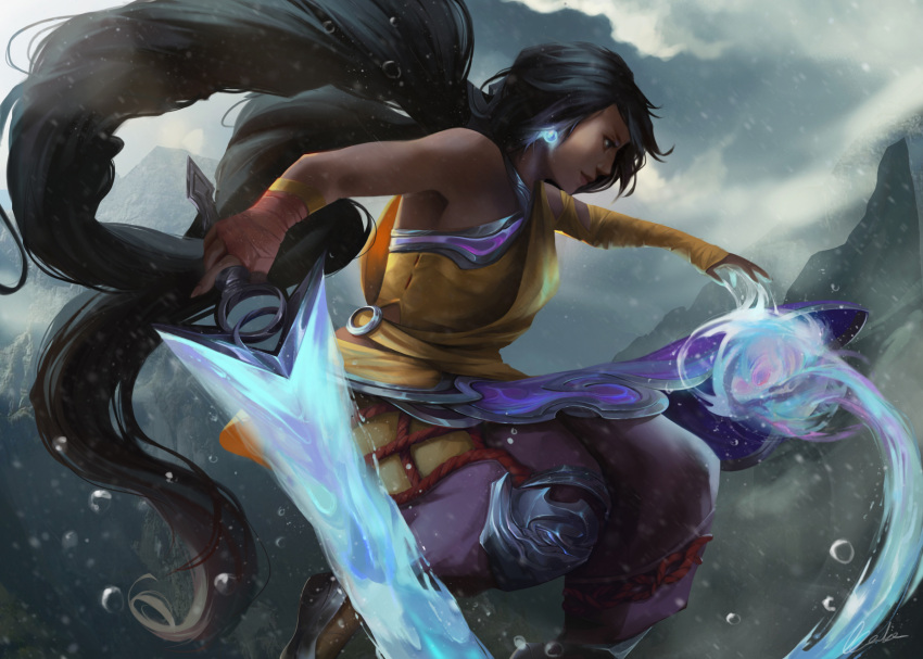 1girl bakamitaii black_hair cloud dark-skinned_female dark_skin day earrings fingerless_gloves foot_out_of_frame gloves highres holding holding_sword holding_weapon jewelry league_of_legends long_hair nilah_(league_of_legends) outdoors profile solo sword very_long_hair water water_drop weapon