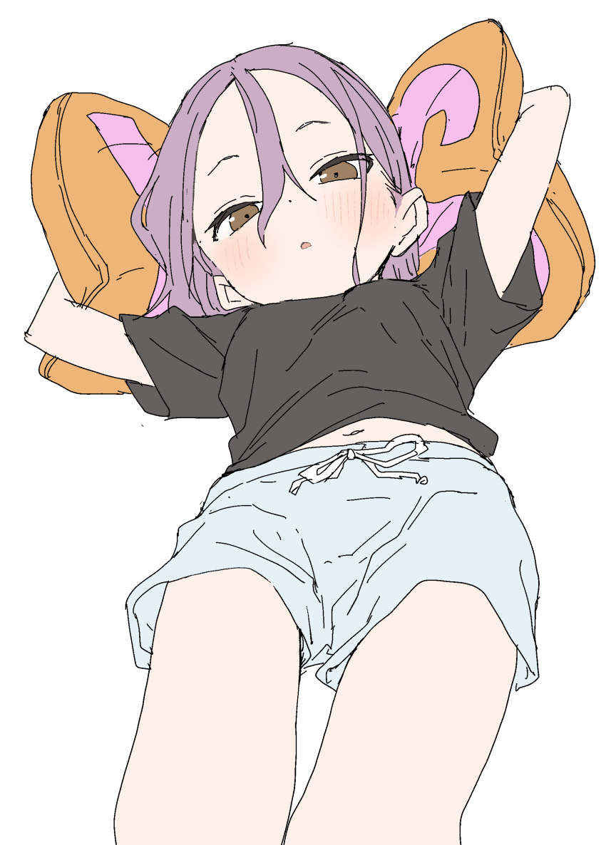 1girl absurdres arms_up black_shirt blue_shorts blush brown_eyes commentary_request forehead hair_between_eyes highres looking_at_viewer lying navel on_back parted_bangs parted_lips purple_hair shirt short_shorts short_sleeves shorts simple_background solo soredemo_ayumu_wa_yosetekuru white_background yamamoto_souichirou yaotome_urushi yes yes-no_pillow