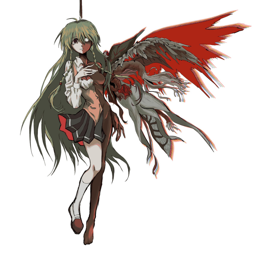 1girl ascot black_skirt blank_eyes body_horror braid brown_eyes chidori_(penguin_matsuno) collared_shirt drop_shadow empty_eyes full_body green_hair grin hand_on_own_chest highres kneehighs long_hair looking_at_viewer nude orange_vest plant_wings pleated_skirt red_ascot sayonara_wo_oshiete school_uniform shirt shoes simple_background single_barefoot skirt smile socks solo split_theme sugamo_mutsuki tentacles twin_braids underbust uwabaki very_long_hair vest white_background white_shirt white_socks wings