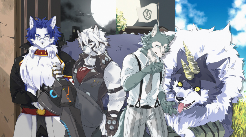 4boys absurdres ao_gravity ascot beastars black_vest blue_sky cloud commentary_request crossed_arms fangs flag full_moon furry furry_male grass highres horns legoshi looking_at_another looking_at_viewer male_focus maou-jou_de_oyasumi moon multiple_boys night night_sky open_mouth prosthesis prosthetic_leg ranga_(tensei_shitara_slime_datta_ken) red_ascot red_siberian-kai round_eyewear shirt sky suspenders tensei_shitara_slime_datta_ken tongue tongue_out vest von_lycaon white_shirt wolf wolf_boy zenless_zone_zero