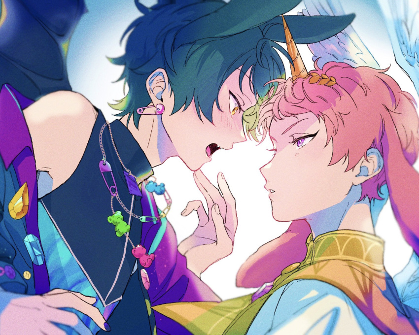 2boys animal_ears bat_ears bat_wings black_hair blush ensemble_stars! facing_another highres itsuki_shu kagehira_mika kenpi_(kentin_jiru) male_focus multiple_boys open_mouth pink_hair purple_eyes rabbit_ears short_bangs short_hair teeth wings yaoi yellow_eyes