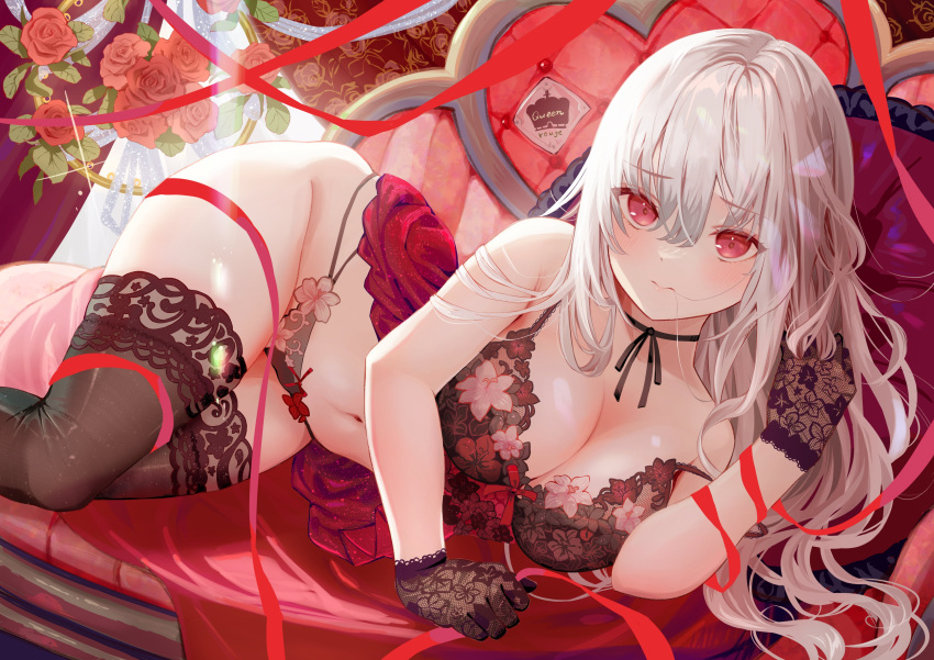 1girl absurdres bare_arms bare_shoulders black_bra black_choker black_gloves black_panties black_thighhighs bow bow_bra bra breasts choker cleavage commentary_request couch dutch_angle english_text feet_out_of_frame floral_print flower gloves grey_hair hair_between_eyes hair_in_own_mouth highres holding holding_ribbon ito_lab lace lace-trimmed_bra lace_gloves lace_trim large_breasts leaf long_hair looking_at_viewer loose_hair_strand lying multi-strapped_panties navel neck_ribbon on_couch on_side original panties print_bra print_panties red_bow red_eyes red_flower red_ribbon red_rose ribbon rose see-through_gloves solo stomach strap_slip string_panties thighhighs thighs underwear underwear_only