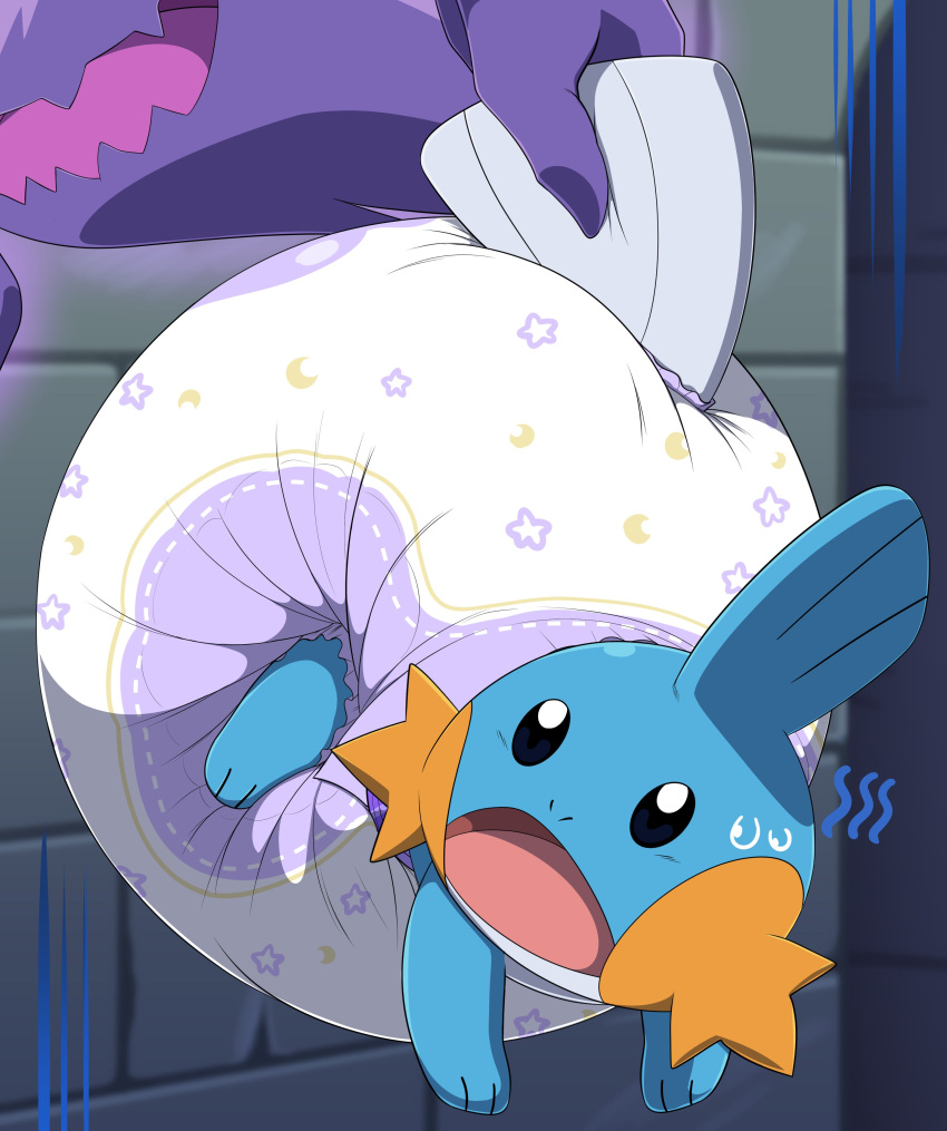 absurd_res ambiguous_gender bodily_fluids bunnykisses diaper duo feral fin generation_1_pokemon generation_3_pokemon haunter head_fin hi_res holding_person holding_tail large_diaper mudkip nintendo open_mouth paws pokemon pokemon_(species) sweat sweatdrop tail tail_fin