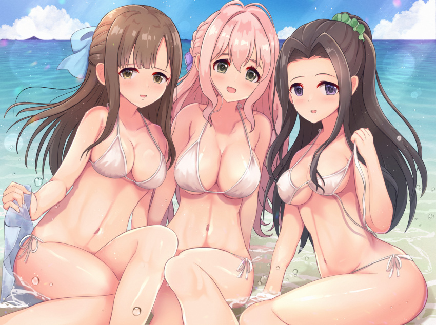 3girls alternate_costume beach bikini blush bow breasts brown_hair cleavage collarbone glyn070605a hair_bow hair_intakes hair_ornament hair_scrunchie halterneck highres idolmaster idolmaster_cinderella_girls large_breasts linea_alba looking_at_viewer medium_breasts mizumoto_yukari multiple_girls navel noble_celebrity_(idolmaster) pink_hair saionji_kotoka scrunchie side-tie_bikini_bottom sitting string_bikini suzumiya_seika swimsuit untied_bikini white_bikini