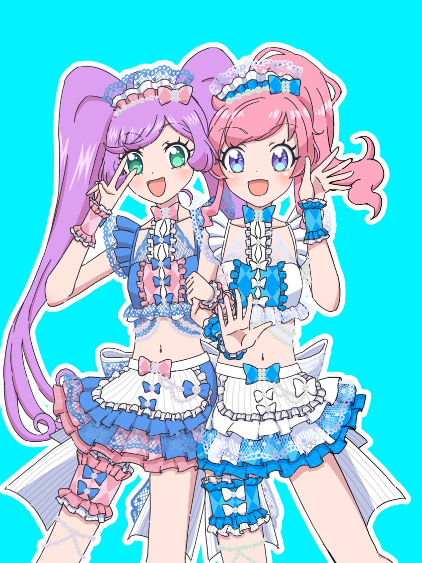 2girls :d akaneya_himika apron argyle argyle_bow argyle_skirt blue_background blue_bow blue_bowtie blue_eyes bow bow_choker bowtie choker crop_top frilled_apron frilled_skirt frills green_eyes hair_bow hayashi_coco highres idol kiratto_pri_chan lambda9000 large_bow light_purple_hair maid_headdress manaka_lala midriff momoyama_mirai multicolored_clothes multicolored_skirt multiple_girls navel open_mouth pink_bow pink_bowtie pink_hair pretty_(series) pripara pripara_(series) skirt smile summer_maid_coord waist_apron white_apron white_bow white_skirt wrist_cuffs