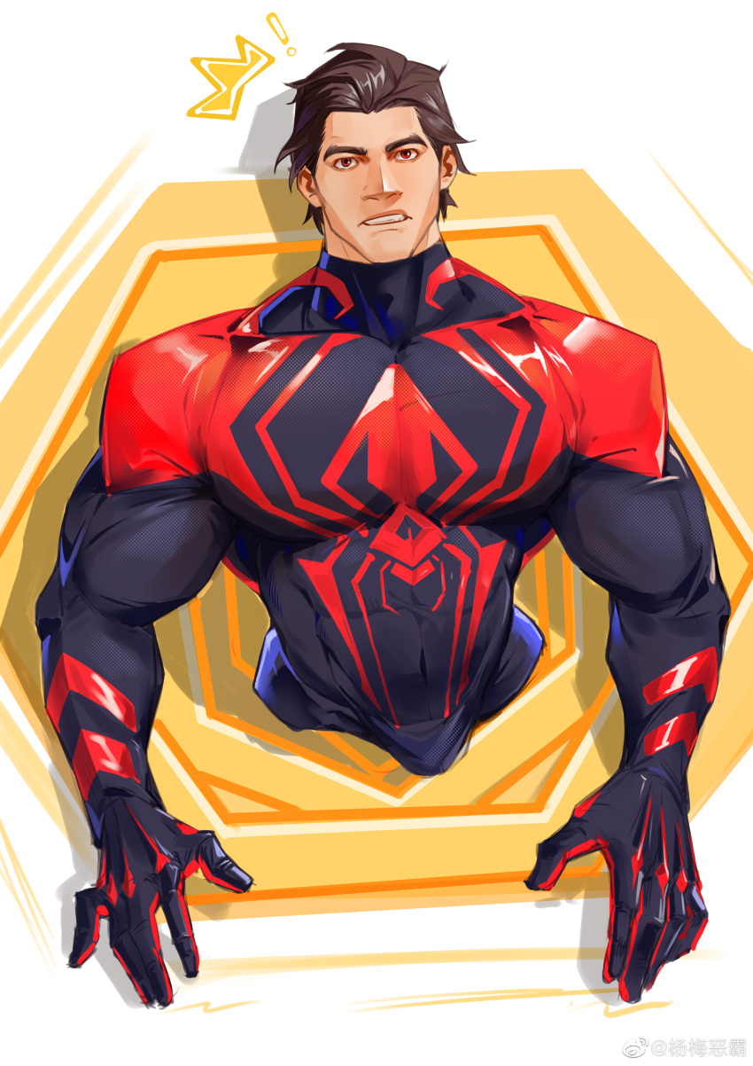 1boy absurdres animal_print artist_request bara blue_bodysuit bodysuit broad_shoulders hair_slicked_back highres large_pectorals looking_at_viewer male_focus marvel miguel_o'hara muscular muscular_male pectorals print_bodysuit red_bodysuit short_hair solo spider-man:_across_the_spider-verse spider-man_(2099) spider-man_(series) spider_print stuck thick_eyebrows through_wall two-tone_bodysuit