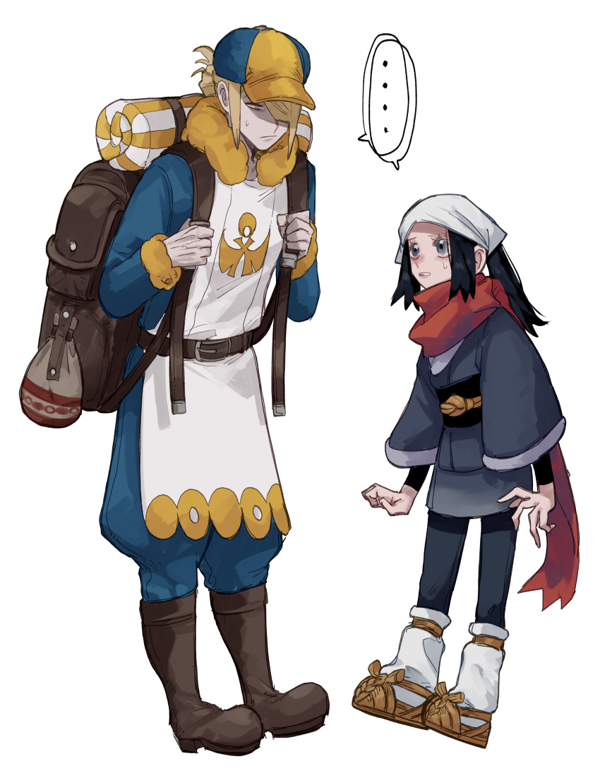 ... 1boy 1girl absurdres akari_(pokemon) backpack bag blonde_hair blue_eyes blue_hair clenched_hand commentary_request full_body hair_over_one_eye hat head_scarf highres long_hair mashiro_ddsk one_eye_covered pokemon pokemon_(game) pokemon_legends:_arceus red_scarf scarf short_hair simple_background spoken_ellipsis volo_(pokemon) white_background