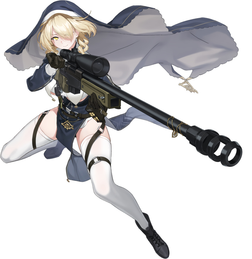 1girl absurdres agnes_(counter:side) ai_arctic_warfare blonde_hair bolt_action breast_curtains counter:side dress full_body green_eyes gun habit hair_over_one_eye heterochromia highres holding holding_gun holding_weapon official_art pelvic_curtain rifle simple_background sniper_rifle solo tachi-e thigh_strap thighhighs transparent_background veil weapon white_thighhighs yellow_eyes