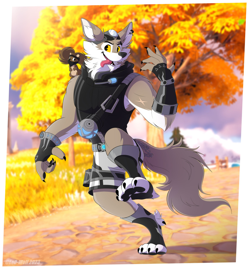 2023 absurd_res anthro bandanna belt biped border bottomwear brown_body brown_fur canid canine canis clothed clothing digital_media_(artwork) duo ear_piercing ear_ring epic_games eyebrows fingerless_gloves footwear fortnite full-length_portrait fully_clothed fur furgonomic_headwear furgonomics gloves handwear hi_res kerchief leo-wolf male mammal open_mouth open_smile orange_sclera outside piercing plant portrait pose ring_piercing rodent scar sciurid shoes shorts sky smile standing tail teeth tongue tongue_out topwear tree tree_squirrel vest walnut_(fortnite) wendell_(fortnite) white_body white_border white_fur wolf