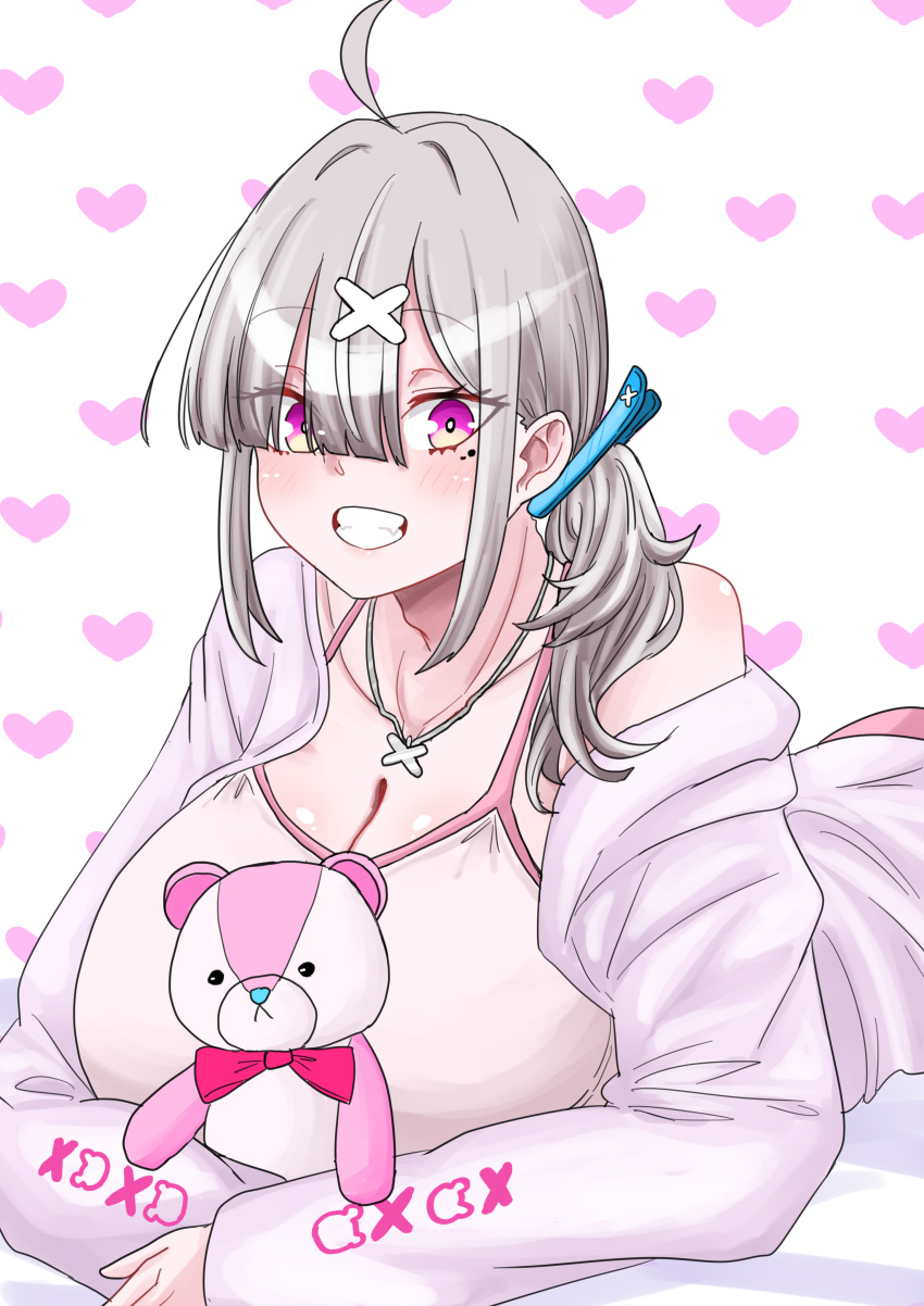 1girl absurdres ahoge breasts cleavage eyes_visible_through_hair frim_02 grey_hair hair_ornament hair_over_one_eye highres jewelry large_breasts long_hair looking_at_viewer mole mole_under_eye necklace nijisanji open_mouth pajamas pink_eyes simple_background smile solo stuffed_animal stuffed_toy sukoya_kana teddy_bear virtual_youtuber x_hair_ornament