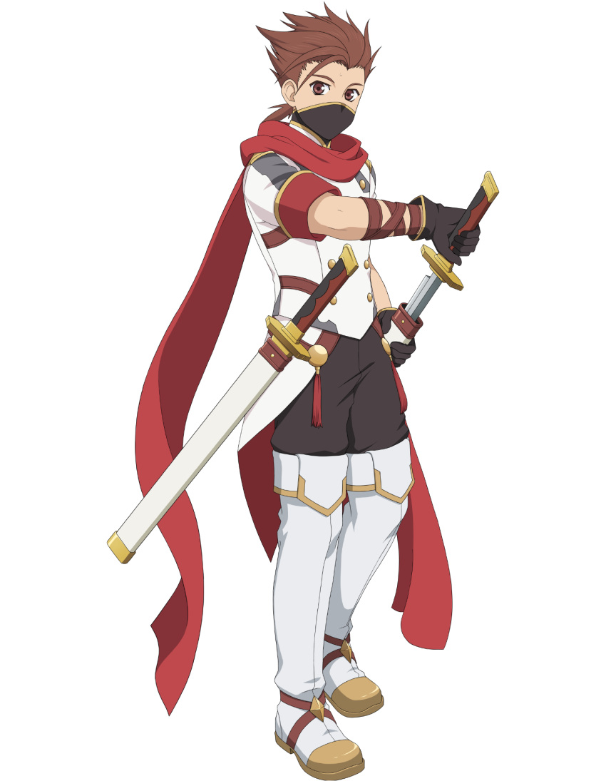 1boy black_gloves black_mask boots brown_eyes brown_hair english_commentary full_body gloves highres holding holding_sword holding_weapon lloyd_irving lloyd_irving_(fang_of_the_white_lions) male_focus official_alternate_costume official_art red_scarf scarf short_sleeves sword tales_of_(series) tales_of_asteria tales_of_symphonia thigh_boots weapon