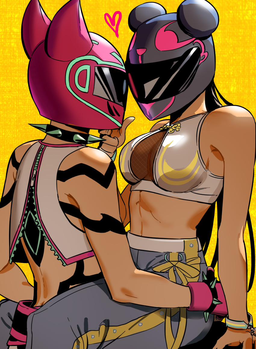 2girls absurdres arm_support bbubbubbobbo123 bracelet breasts chun-li cleavage collar crop_top han_juri hand_on_another's_chin hands_on_another's_hips heart helmet highres jewelry long_hair midriff multiple_girls revision see-through see-through_cleavage sitting sleeveless spiked_bracelet spiked_collar spikes street_fighter street_fighter_6 tear-away_pants yellow_background yuri
