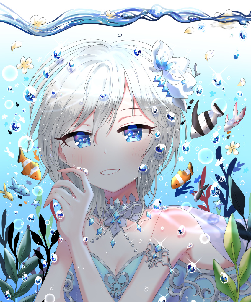 1girl absurdres air_bubble anastasia_(idolmaster) armlet blue_eyes blush breasts bubble cleavage clownfish dress earrings eye_glitter fish floating floating_object flower glint hair_flower hair_ornament half-closed_eyes highres idolmaster idolmaster_cinderella_girls idolmaster_cinderella_girls_starlight_stage jewelry kunyoong light_blush neck_ring ocean petals seaweed short_hair sleeveless sleeveless_dress smile stud_earrings thick_eyelashes underwater watermark white_hair