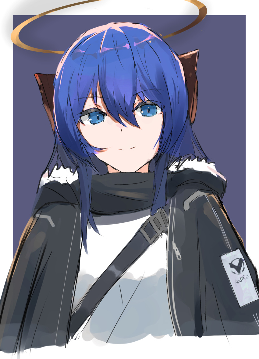 1girl arknights black_jacket blue_eyes blue_hair cropped_torso fur-trimmed_hood fur_trim hair_between_eyes halo hereokita highres hood hood_down hooded_jacket horns jacket long_hair mostima_(arknights) purple_background solo two-tone_background upper_body white_background