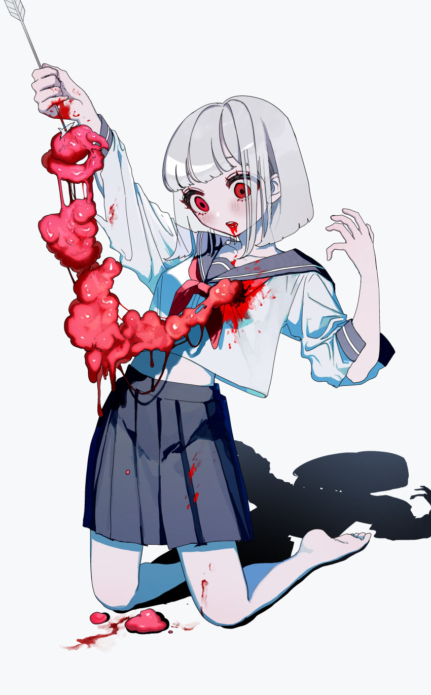 1girl absurdres arched_back arm_up arrow_(projectile) barefoot black_sailor_collar black_skirt blood blood_from_mouth blood_on_clothes blood_on_hands blunt_ends blush collarbone commentary_request empty_eyes flesh full_body grey_hair guro hand_up highres holding holding_arrow hole_in_chest hole_on_body kneeling looking_down midriff neckerchief open_mouth original pleated_skirt red_eyes red_neckerchief sailor_collar school_uniform serafuku shirt short_hair skirt solo suikaaisu torn_clothes translucent_hair white_shirt wide-eyed