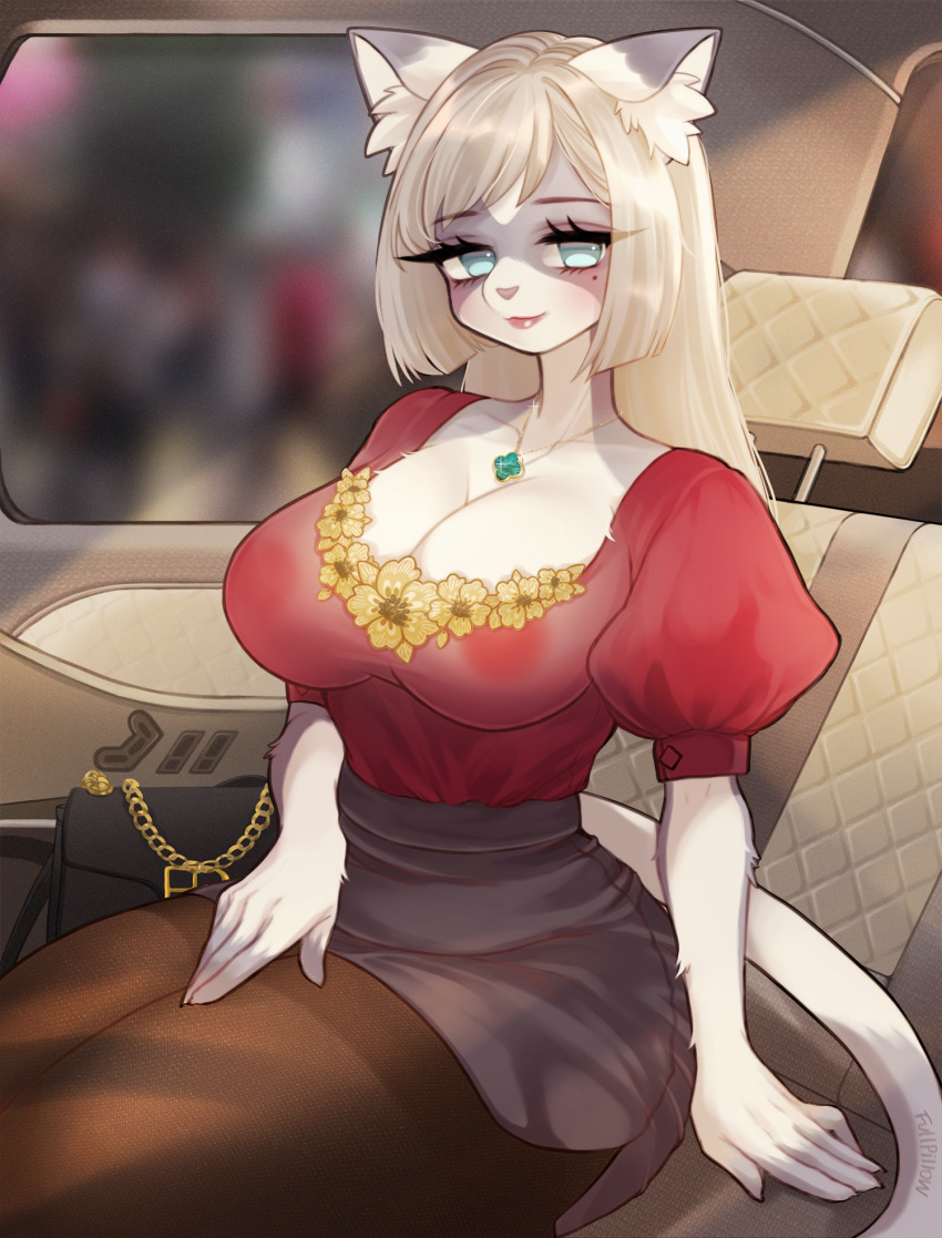 5_fingers anthro areola backseat beauty_mark big_breasts blonde_hair blue_eyes blurred_background blush bottomwear breasts claws cleavage clothed clothing digital_media_(artwork) domestic_cat eyebrows eyelashes felid feline felis female fingers fullpillow_(artist) fur furniture hair hi_res inner_ear_fluff inside jewelry legwear lipstick looking_at_viewer makeup mammal miniskirt necklace nipples pantyhose purse red_clothing red_topwear shirt sitting skirt smile solo tail topwear translucent translucent_clothing tuft white_body white_fur