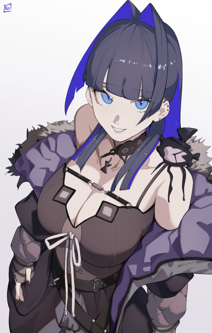1girl absurdres artist_name black_coat black_dress black_nails blue_eyes blue_hair breasts chest_belt choker cleavage coat commentary cosplay dress earrings english_commentary fur-trimmed_coat fur_trim gloves hair_intakes highres hololive hololive_english jewelry lace lace-trimmed_choker lace_choker lace_trim large_breasts looking_at_viewer looking_up o22no ouro_kronii ribbon shiori_novella shiori_novella_(cosplay) signature smile solo striped striped_gloves virtual_youtuber white_ribbon