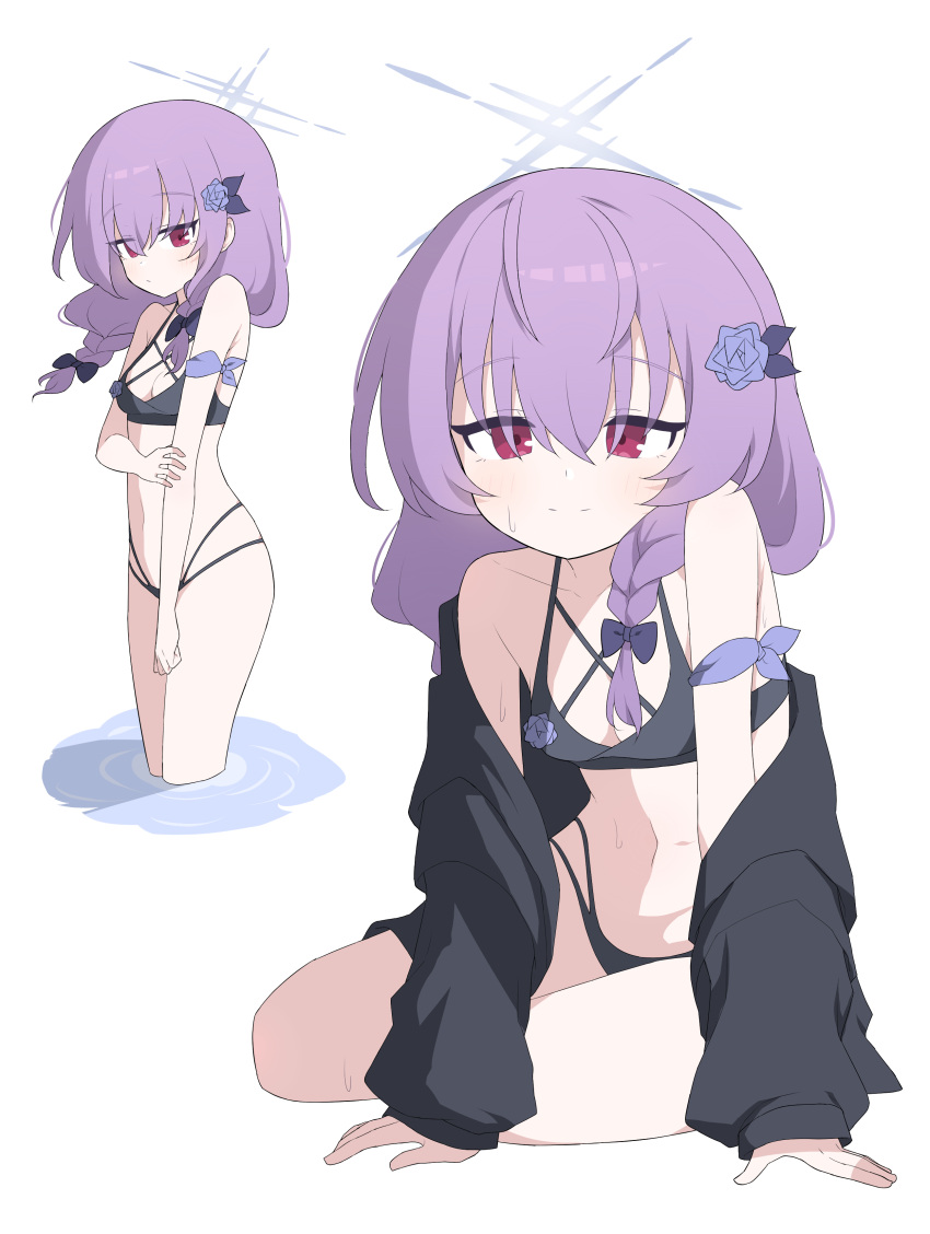 1girl absurdres alternate_costume atsuko_(blue_archive) bikini black_bikini black_jacket blue_archive blush bow braid breasts closed_mouth flower hagoonha hair_bow hair_flower hair_ornament halo highres jacket jacket_over_swimsuit looking_at_viewer medium_hair midriff multiple_views purple_bow purple_flower purple_hair simple_background small_breasts smile solo sweat swimsuit twin_braids wading white_background