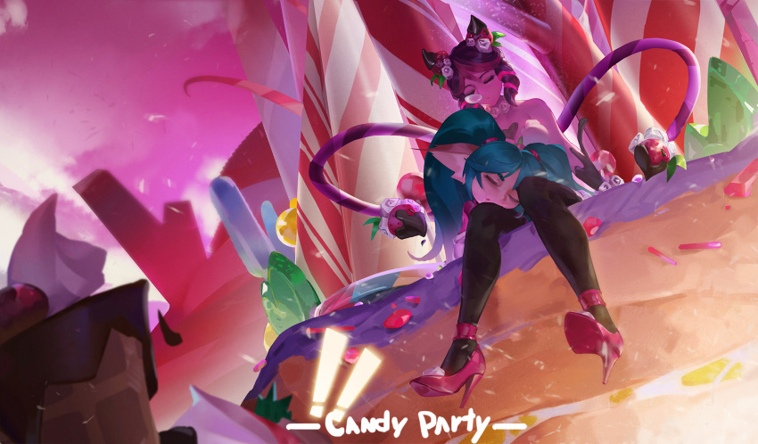 ! !! 2girls bare_shoulders black_hair brown_pantyhose candy closed_eyes closed_mouth evelynn_(league_of_legends) facing_down food green_hair high_heels highres horns l+_(colour0816) lollipoppy multiple_girls on_lap pantyhose pointy_ears poppy_(league_of_legends) red_hair shoes short_hair sleeping sugar_rush_evelynn tentacles twintails yordle