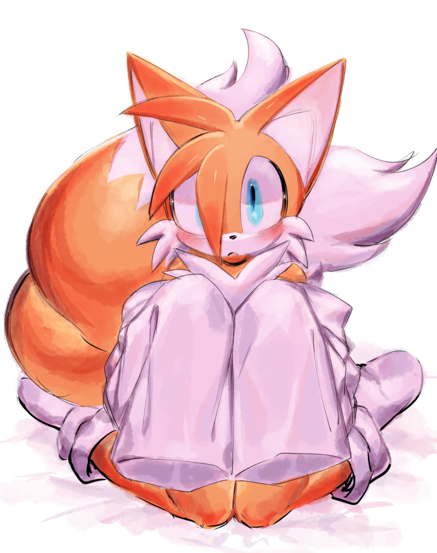 1boy animal_nose black_choker blue_eyes blush choker fang fox_boy full_body furry furry_male highres kneeling looking_at_viewer male_focus multiple_tails open_mouth simple_background sleeves_past_fingers sleeves_past_wrists solo sonic_(series) tail tails_(sonic) two_tails usa37107692 white_background