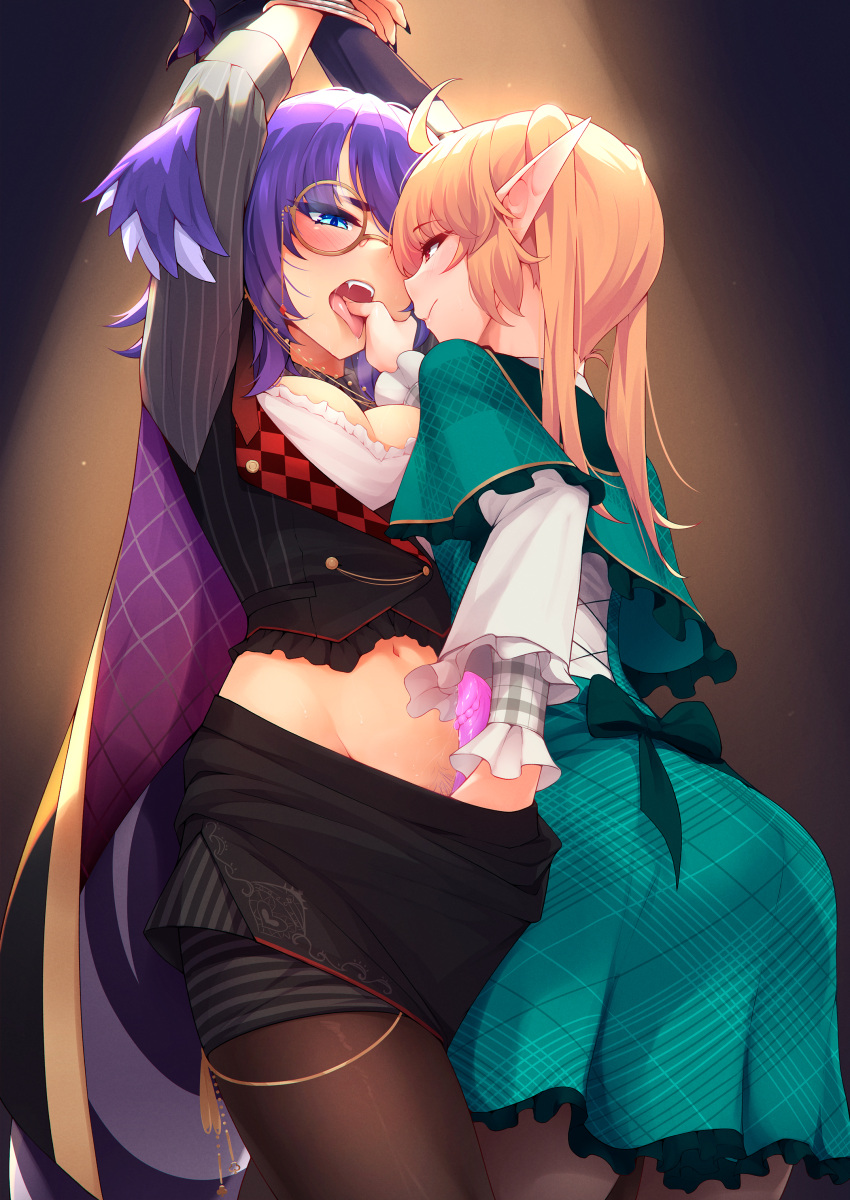 2girls absurdres blonde_hair blue_eyes blush breasts dragon_girl female_pubic_hair futanari glasses handjob head_wings highres long_hair multiple_girls nijisanji nijisanji_en open_mouth penis pointy_ears pomu_rainpuff pubic_hair purple_hair purple_pubic_hair ricegnat selen_tatsuki uncensored virtual_youtuber wings yuri