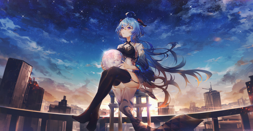 1girl absurdres alternate_costume black_dress black_thighhighs blue_hair blue_sky building chair cloud commentary criss-cross_halter crossed_ankles dress full_body ganyu_(genshin_impact) garter_straps genshin_impact goat_horns gradient_sky halterneck highres holding_orb horns long_hair long_sleeves night night_sky no_shoes orange_sky outdoors parted_lips purple_eyes sitting sky solo sparkle star_(sky) starry_sky swkl:d symbol-only_commentary thighhighs two-tone_dress very_long_hair white_dress