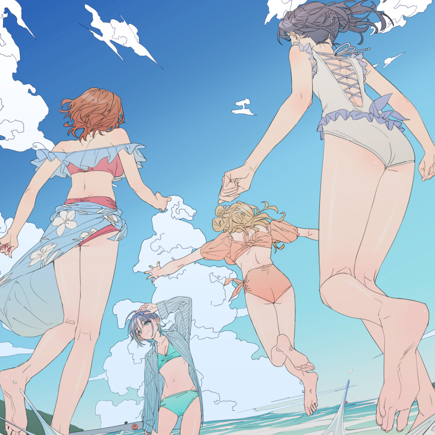 4girls absurdres ahoge aqua_bikini asakura_toru ass bare_legs barefoot bikini blue_sarong cross-laced_clothes cross-laced_swimsuit feet floating_hair from_below fukumaru_koito highres higuchi_madoka ichikawa_hinana idolmaster idolmaster_shiny_colors looking_at_another multiple_girls naga-agan noctchill_(idolmaster) outdoors sarong soles swimsuit toes