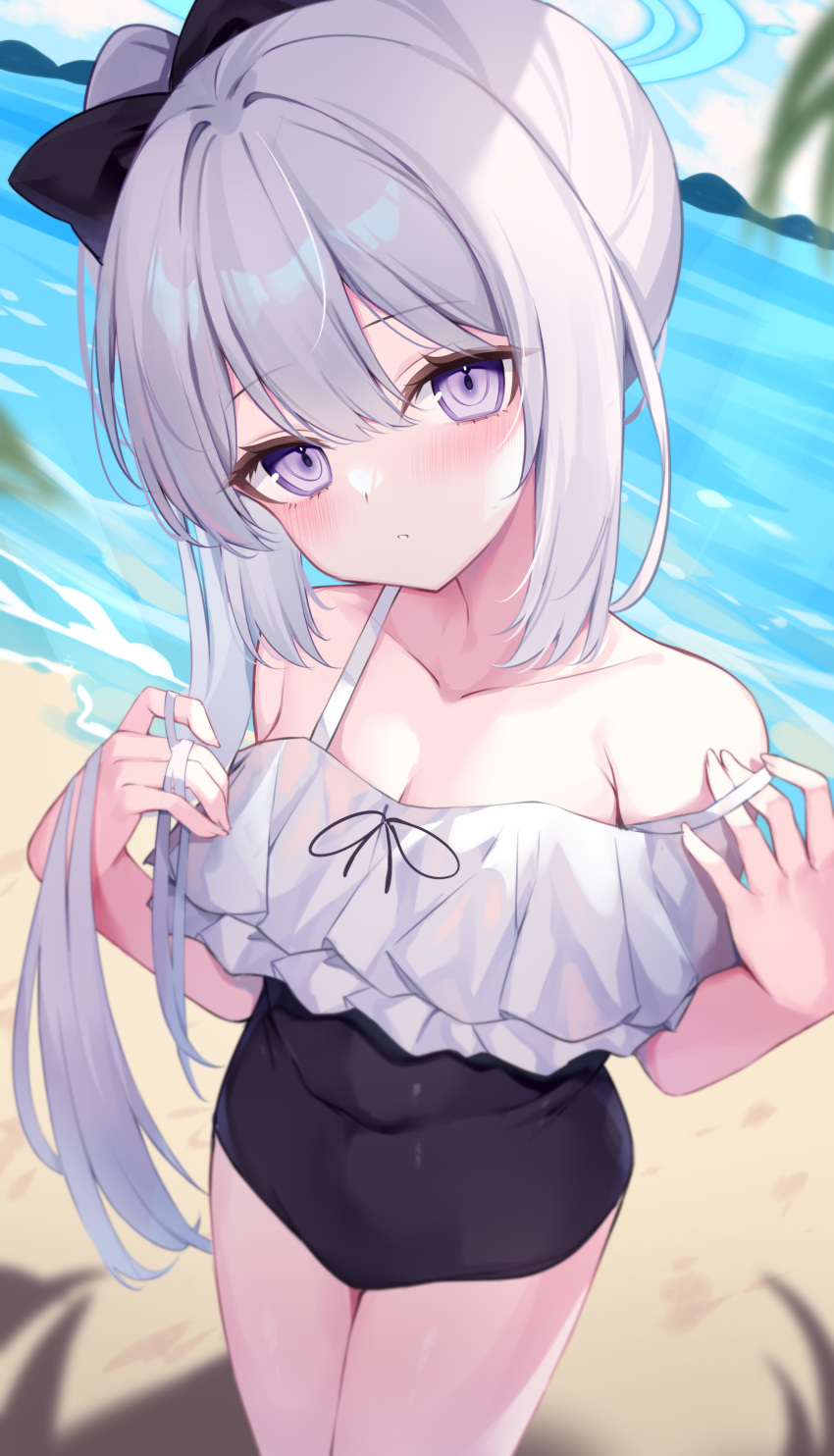 1girl :o absurdres armpit_crease bare_shoulders beach black_bow blue_archive blue_halo blue_sky blush bow breasts cleavage cloud collarbone covered_navel cowboy_shot frilled_one-piece_swimsuit frills gou_213 hair_between_eyes hair_bow halo highres light_blush long_hair looking_at_viewer miyako_(blue_archive) miyako_(swimsuit)_(blue_archive) off-shoulder_one-piece_swimsuit off_shoulder one-piece_swimsuit open_mouth outdoors purple_eyes sand sky small_breasts solo swimsuit teeth thighs water white_hair
