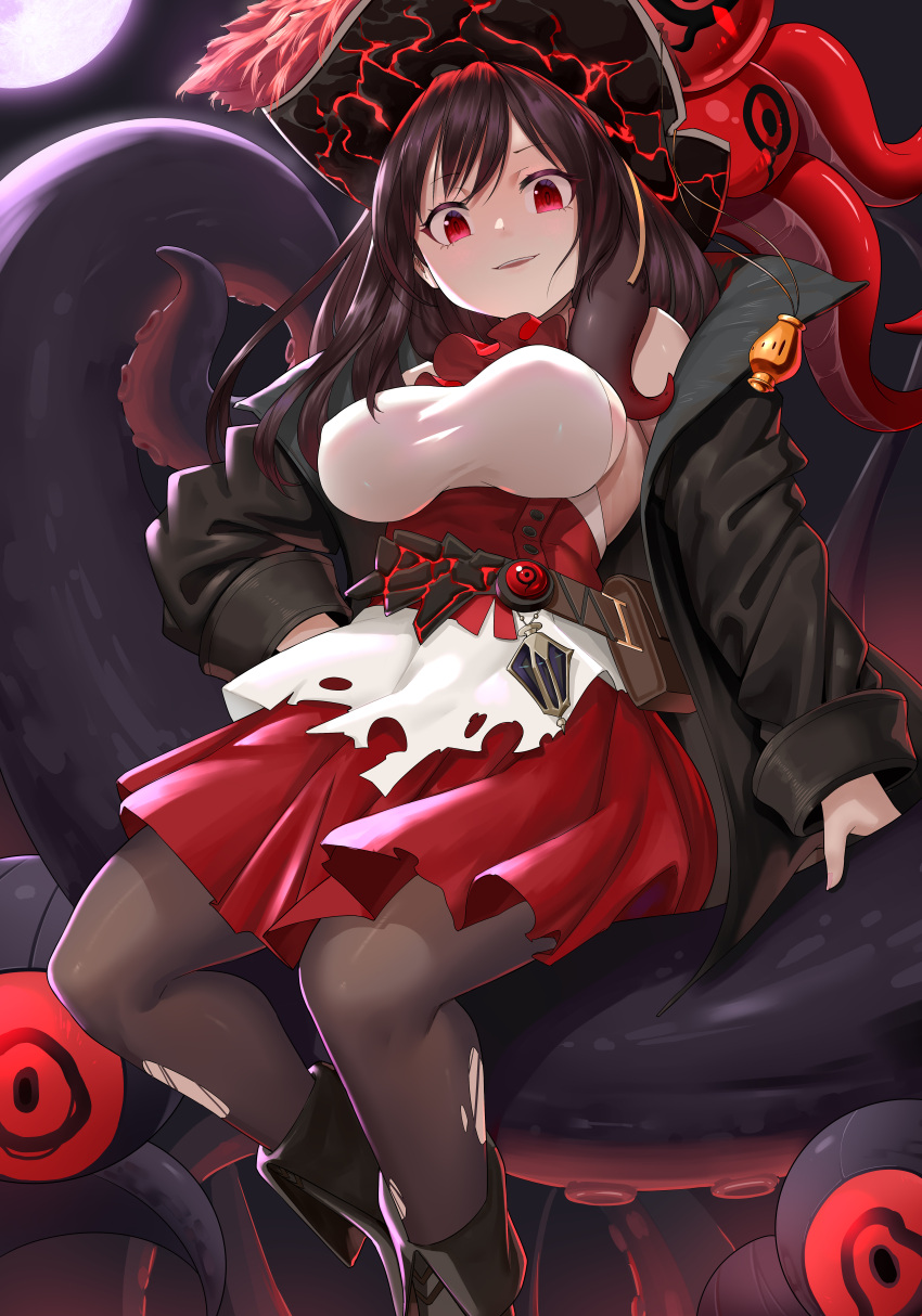 absurdres ascot azur_lane belt_pouch black_coat black_footwear black_hair black_pantyhose breasts cha_siu_bao coat hand_on_own_hip hat highres large_breasts long_sleeves looking_at_viewer medium_hair moon moonlight night night_sky open_clothes open_coat pantyhose parted_lips pirate_hat pouch red_ascot red_eyes red_skirt royal_fortune_(azur_lane) sitting skirt sky smile suction_cups tentacle_hair tentacles torn_clothes torn_pantyhose