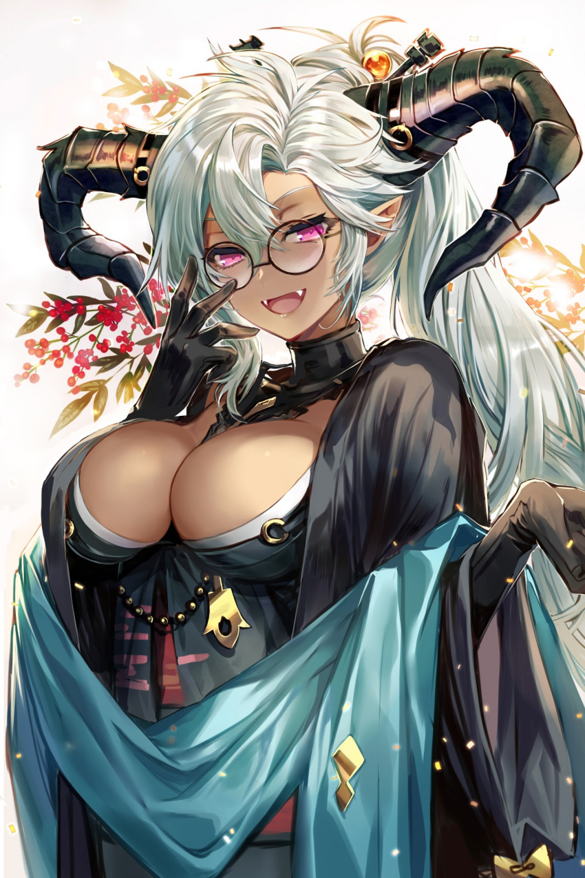 1girl :d adjusting_eyewear black-framed_eyewear black_gloves black_horns black_kimono breasts bun-o cleavage curled_horns dark-skinned_female dark_skin draph fangs fediel_(granblue_fantasy) fediel_(soul_soother's_finery)_(granblue_fantasy) glasses gloves granblue_fantasy grey_hair hair_between_eyes hair_ornament hair_stick highres horns japanese_clothes kimono large_breasts long_hair looking_at_viewer messy_hair official_alternate_costume pointy_ears ponytail purple_eyes round_eyewear smile solo upper_body very_long_hair