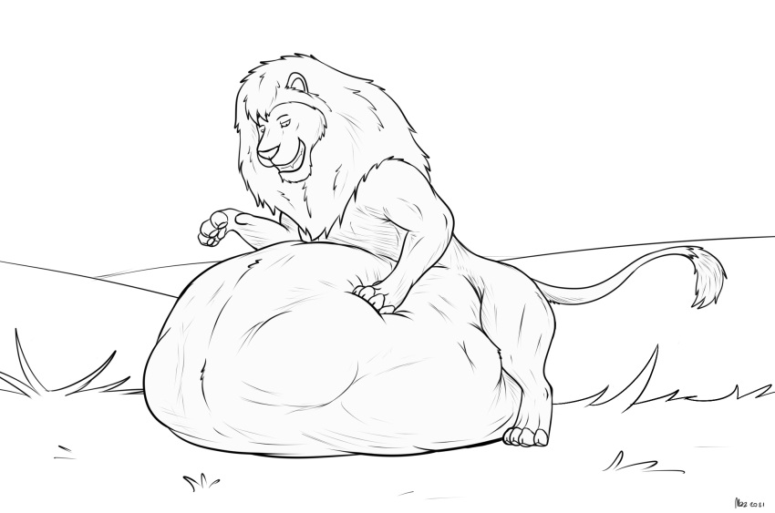after_vore belly big_belly black_and_white felid feral feral_pred grass hand_on_stomach hi_res immobile lion looking_at_belly male male_pred mammal mane monochrome overweight overweight_feral pantherine plant simple_background smile thatgryphonguy vore