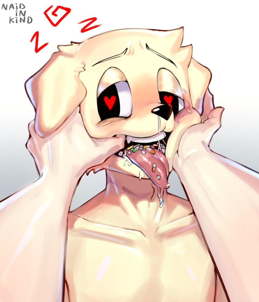 &lt;3 &lt;3_eyes absurd_res anthro blush bodily_fluids bruised bruised_eye bruised_face canid canine canis concern domestic_dog drooling drugs duo eyebrows face_squish half-closed_eyes hands_in_mouth hi_res looking_at_viewer male mammal markings naid narrowed_eyes neck_markings nude open_mouth pastis_(naid) pills raised_eyebrows saliva saliva_on_tongue saliva_string snot squish teeth tongue tongue_out