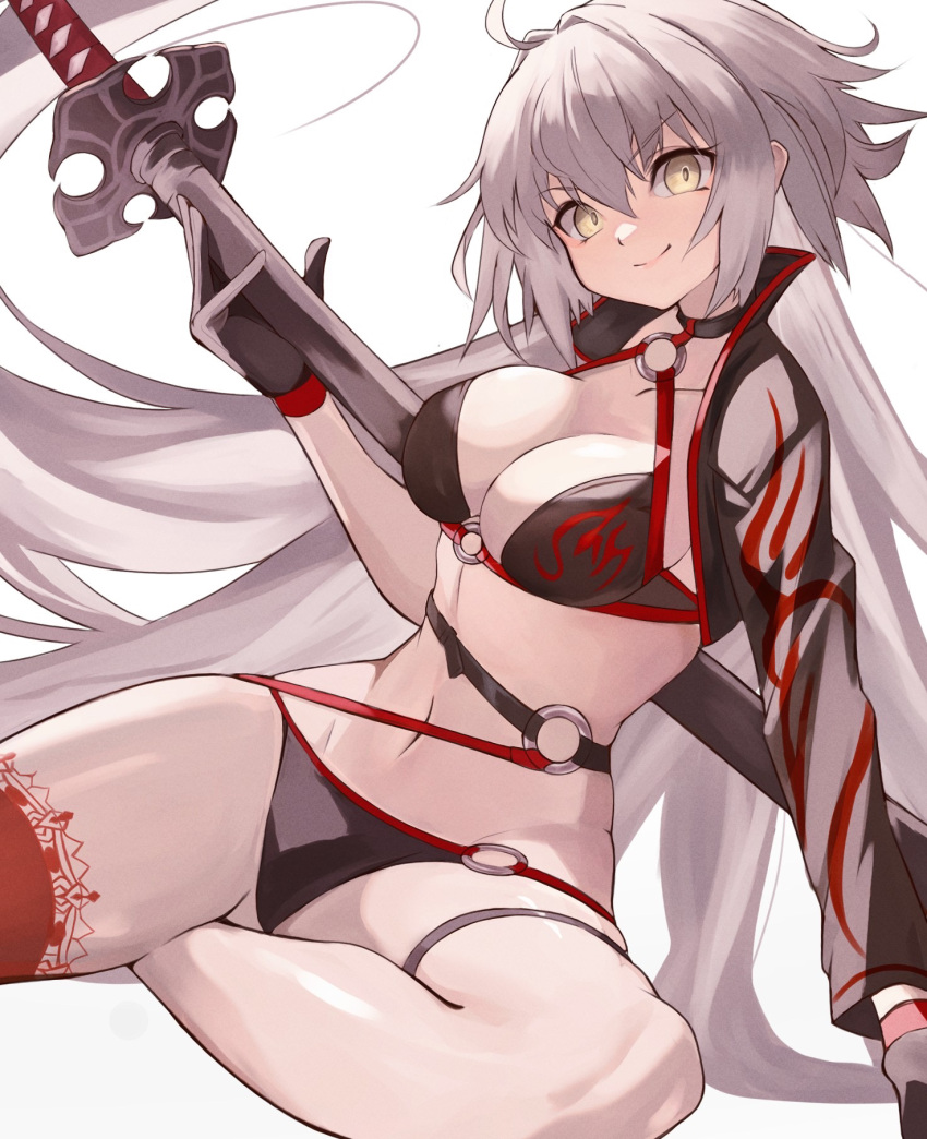 1girl ahoge bikini black_bikini black_gloves black_jacket breasts choker cleavage collarbone cropped_jacket fate/grand_order fate_(series) genshu_doki gloves grey_hair highres jacket jeanne_d'arc_alter_(fate) jeanne_d'arc_alter_(swimsuit_berserker)_(fate) katana large_breasts long_hair long_sleeves looking_at_viewer navel o-ring o-ring_bikini red_thighhighs shrug_(clothing) single_thighhigh smile solo swimsuit sword thigh_strap thighhighs thighs very_long_hair weapon yellow_eyes