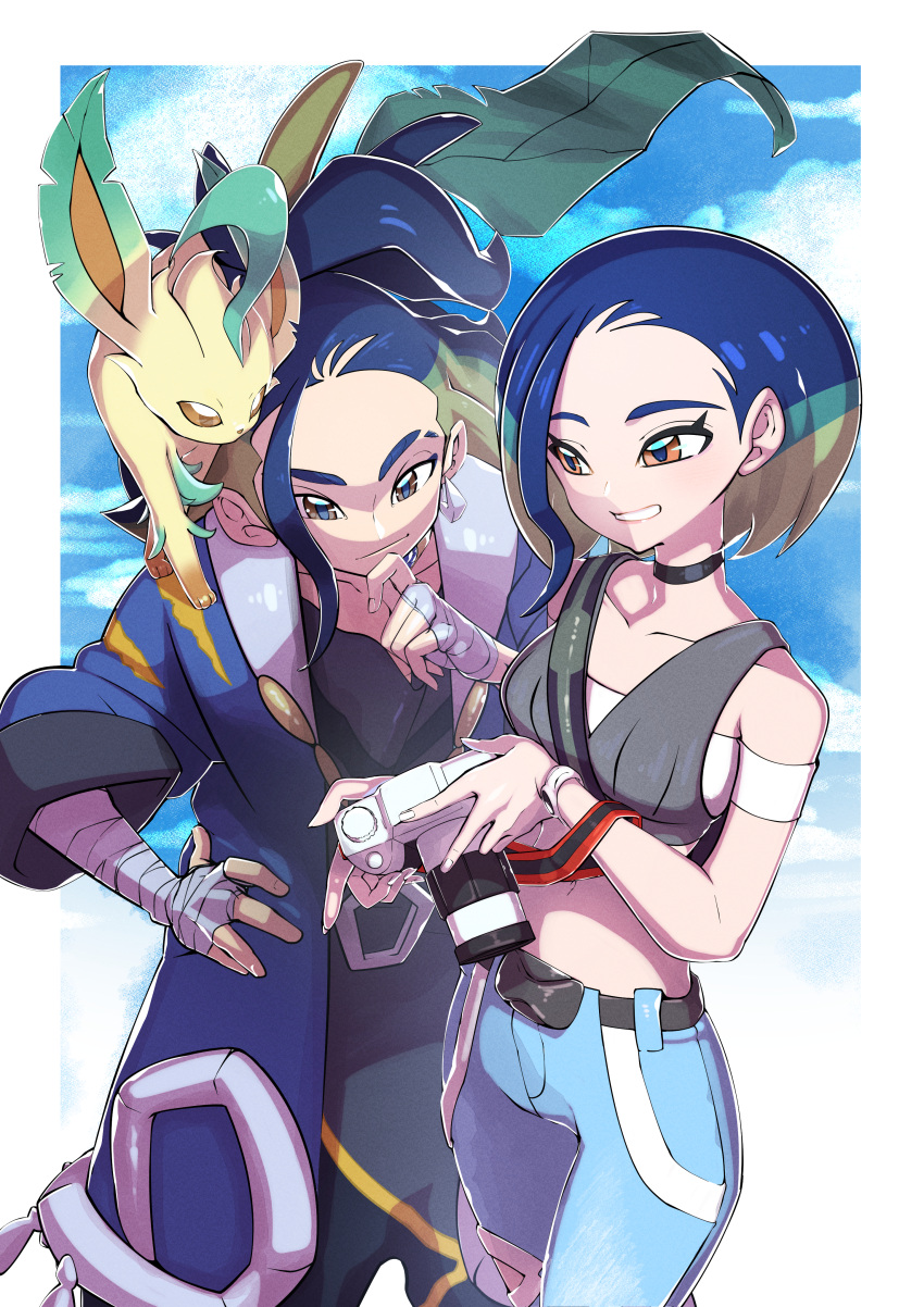 1boy 1girl absurdres adaman_(pokemon) belt black_belt blue_coat blue_hair blue_pants brown_eyes closed_mouth coat commentary_request earrings eyelashes grey_vest grin hand_on_own_chin hand_wraps highres jewelry kakashino_kakato leafeon navel off-shoulder_shirt off_shoulder open_clothes open_coat pants perrin_(pokemon) pokemon pokemon_(creature) pokemon_(game) pokemon_legends:_arceus pokemon_sv shirt short_hair smile stroking_own_chin teeth vest white_shirt
