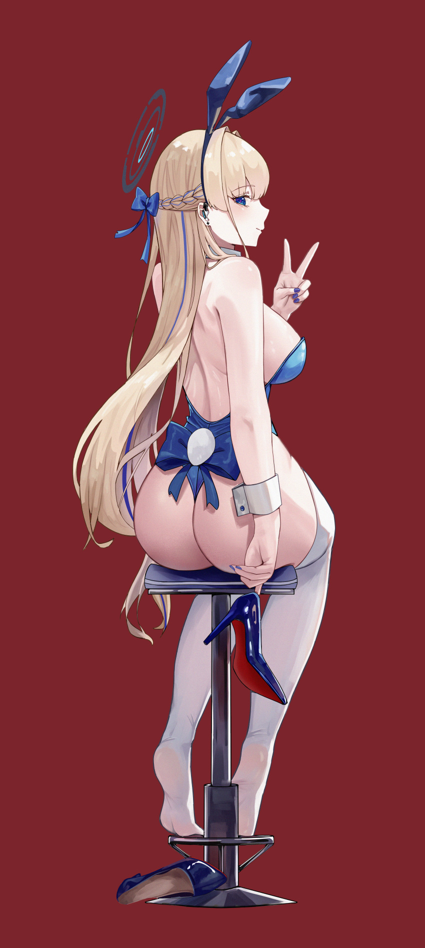 1girl absurdres animal_ears aqua_bow aqua_bowtie ass blonde_hair blue_archive blue_eyes blue_hairband blue_leotard bow bowtie breasts detached_collar earpiece fake_animal_ears fake_tail hairband halo high_heels highleg highleg_leotard highres large_breasts leotard long_hair looking_at_viewer noyuki_(3702) official_alternate_costume playboy_bunny rabbit_ears rabbit_tail red_background soles solo strapless strapless_leotard tail thighhighs toki_(blue_archive) toki_(bunny)_(blue_archive) v very_long_hair white_thighhighs white_wrist_cuffs wrist_cuffs