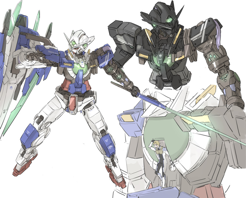 1boy absurdres alternate_color armor black_armor blonde_hair blue_armor commentary_request feet_out_of_frame full_body graham_aker grey_armor gundam gundam_00 gundam_exia gundam_exia_repair_iv helmet highres holding holding_helmet holding_sword holding_weapon left-handed machinery mecha mobile_suit nanao_parakeet pilot pilot_helmet pilot_suit robot science_fiction shield shield_on_back simple_background solo standing suit sword v-fin weapon white_armor white_background white_eyes white_helmet white_suit