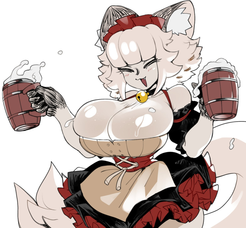 alcohol anthro beverage big_breasts blush blush_lines breasts catmaid_(cibastion) cibastion cleavage clothed clothing domestic_cat dress eyes_closed fangs felid feline felis female fur hair headgear headwear hi_res huge_breasts mammal open_mouth simple_background smile solo tail teeth white_body white_fur white_hair