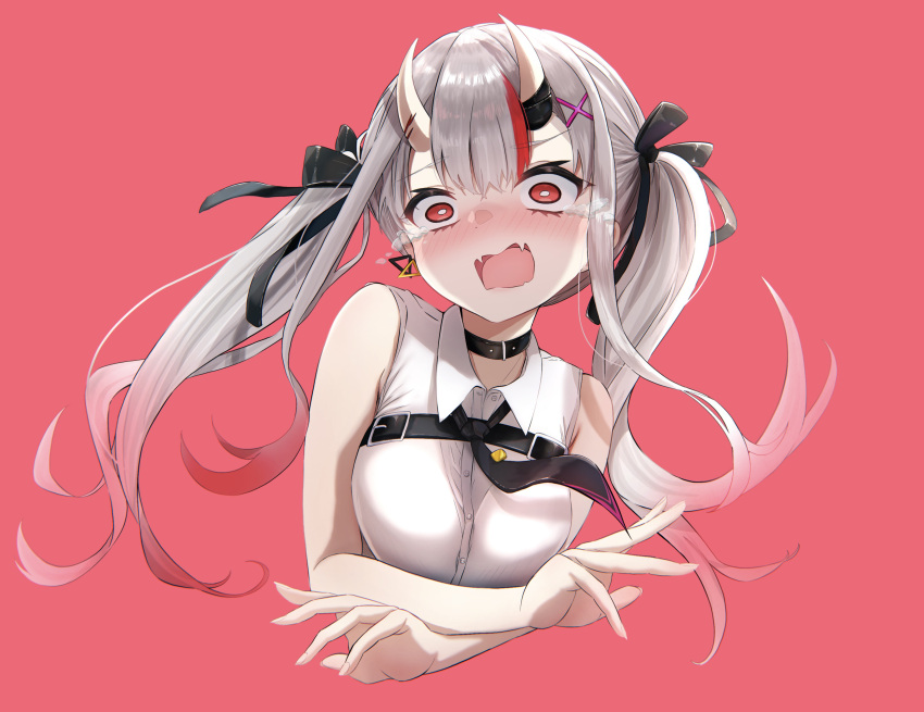 1girl absurdres bare_arms bare_shoulders black_collar black_necktie blue_ribbon chest_belt collar cropped_torso crying crying_aqua_(meme) crying_with_eyes_open double-parted_bangs gradient_hair grey_hair hair_ornament hair_ribbon hairclip highres hololive horns long_hair meme multicolored_hair nakiri_ayame_(5th_costume) necktie oni_horns open_mouth red_background red_eyes red_hair ribbon shirt sidelocks simple_background skin-covered_horns sleeveless sleeveless_shirt solo streaked_hair surprised tearing_up tears terra_bose twintails upper_body virtual_youtuber wavy_mouth white_sleeves x_hair_ornament