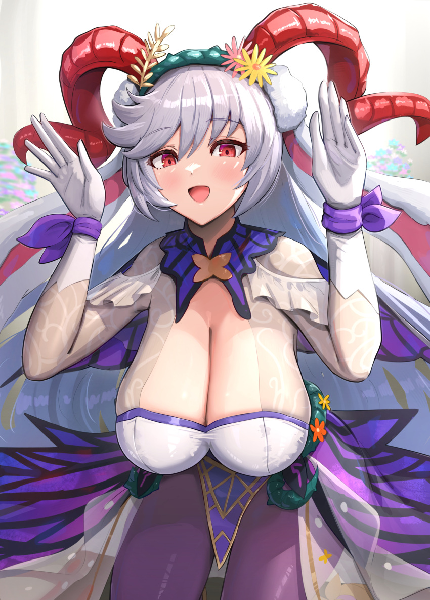 1girl absurdres alternate_costume animal_ears arms_up blurry blurry_background blush bodystocking bow breasts cleavage cleavage_cutout clothing_cutout commentary cowboy_shot detached_collar duplicate fake_animal_ears fire_emblem fire_emblem_heroes floppy_ears flower freyja_(fire_emblem) freyja_(spring)_(fire_emblem) gloves goat_horns gonzarez gradient_background hair_flower hair_ornament hanging_breasts highres horns huge_breasts impossible_clothes leaning_forward leotard long_hair looking_at_viewer official_alternate_costume open_mouth pantyhose pelvic_curtain pixel-perfect_duplicate playboy_bunny purple_bow purple_pantyhose rabbit_pose red_eyes ribbon see-through shadow solo strapless strapless_leotard thorns very_long_hair white_gloves white_hair white_leotard wide_hips wrist_ribbon