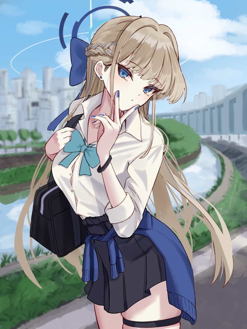 1girl aqua_ribbon black_skirt blonde_hair blue_archive blue_bow blue_eyes blue_hair blue_nails blue_sky bow braid buttons cityscape clothes_around_waist cloud collared_shirt commentary_request cowboy_shot day dot_mouth expressionless french_braid gyaru hair_bow halo highres kogal komakomapanic legs_together long_hair looking_at_viewer multicolored_hair nail_polish neck_ribbon outdoors pleated_skirt ribbon school_uniform shirt skirt sky sleeves_rolled_up solo standing streaked_hair sweater sweater_around_waist thigh_strap toki_(blue_archive) tsurime v very_long_hair white_shirt wristband